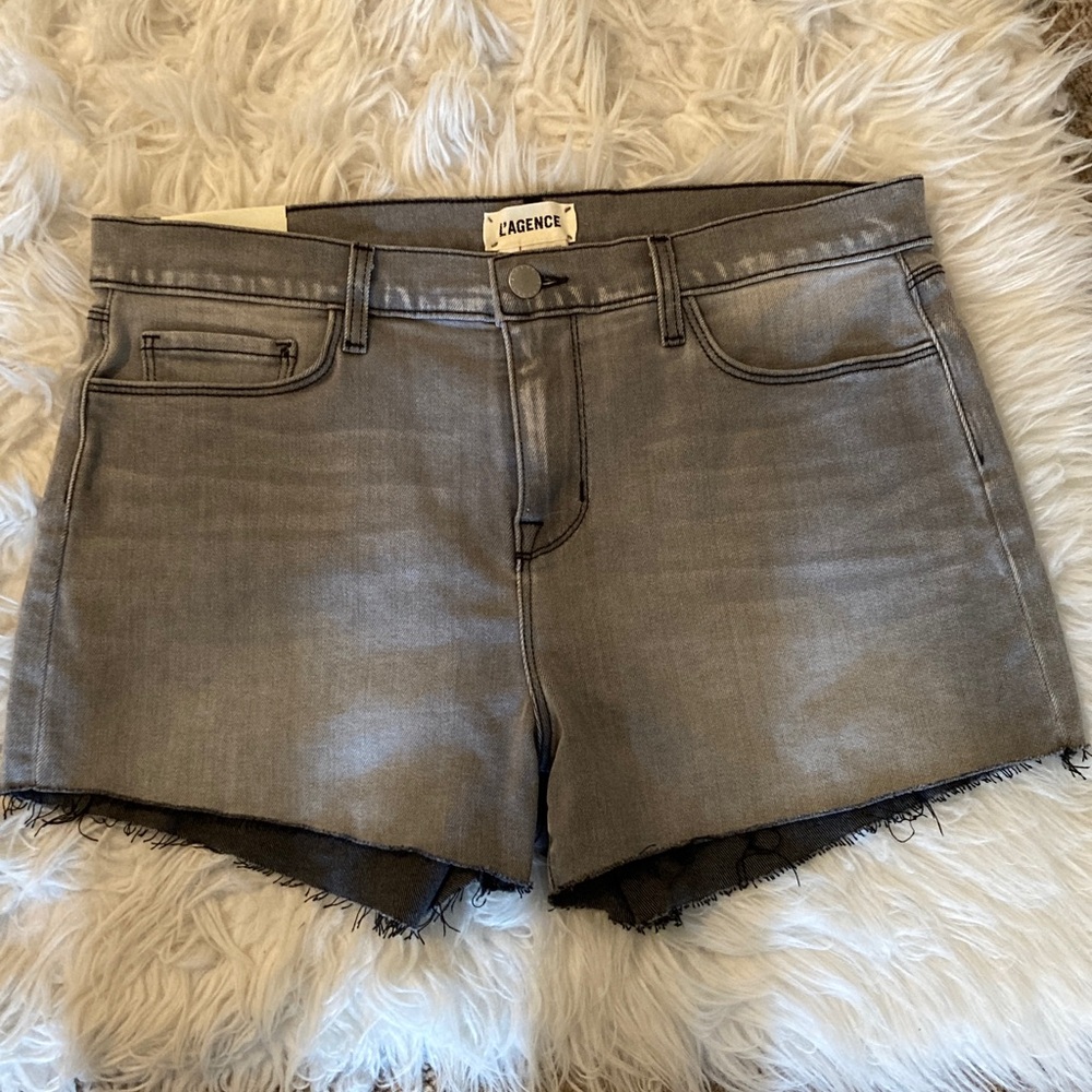 L'AGENCE Gray Raw-Hem Denim Shorts
